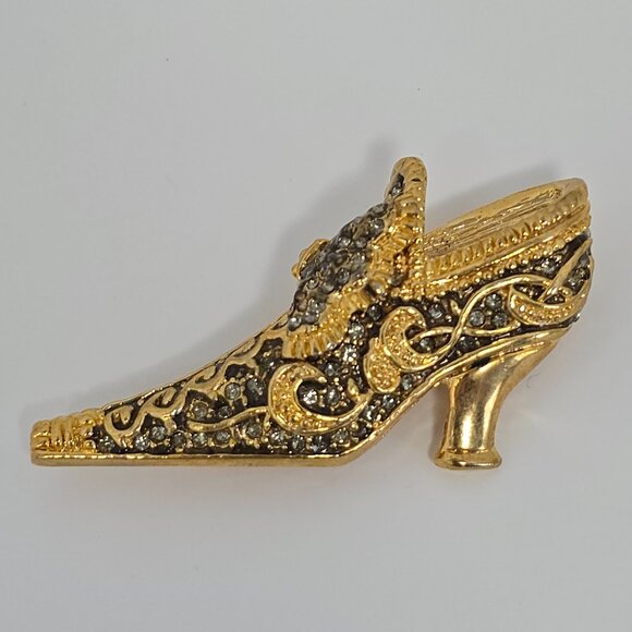 Vintage Gold Tone Rhinestone High Heel Shoe Brooch Baroque Victorian Slipper Pin - Picture 6 of 14